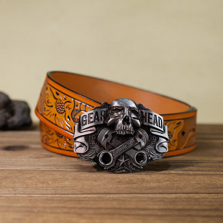 Cinturón de cuero con hebilla de calavera de pistón para hombre, hecho a mano con Gear Head