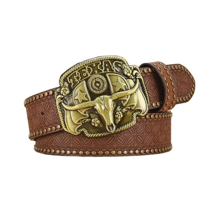 Cinturón de cuero con remaches de novillo Longhorn antiguo para hombre