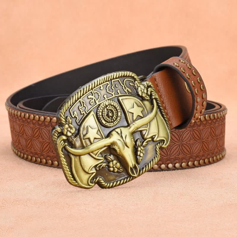 Cinturón de cuero con remaches de novillo Longhorn antiguo para hombre
