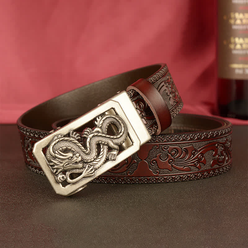 Cinturón de cuero con estampado de dragón en espiral para hombre