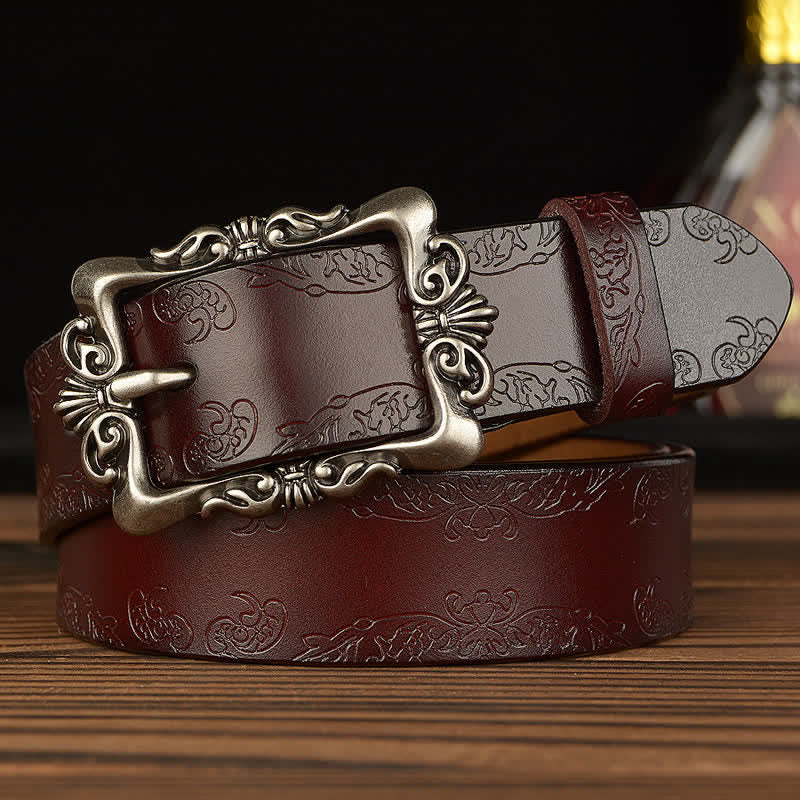 Cinturón de cuero decorativo con diseño floral retro para mujer