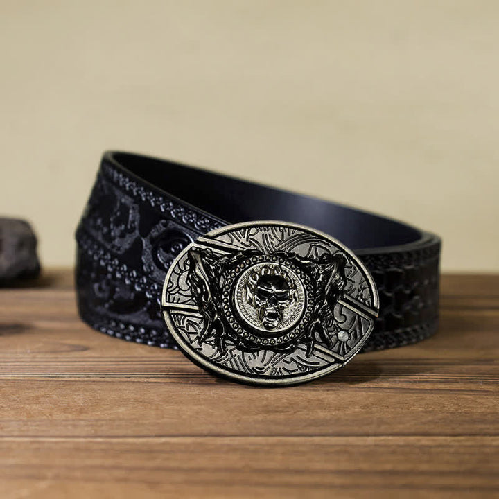 Cinturón de cuero con cuchillo plegable oculto y calavera giratoria para hombre