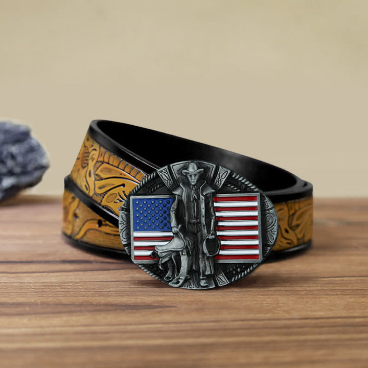 Cinturón de cuero con hebilla de vaquero con bandera estadounidense para hombre, hecho a mano