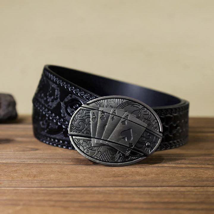 Cinturón de cuero con navaja plegable oculta Poker 4 Ace para hombre