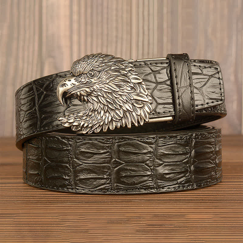 Cinturón de piel con relieve de cocodrilo y cabeza de águila para hombre