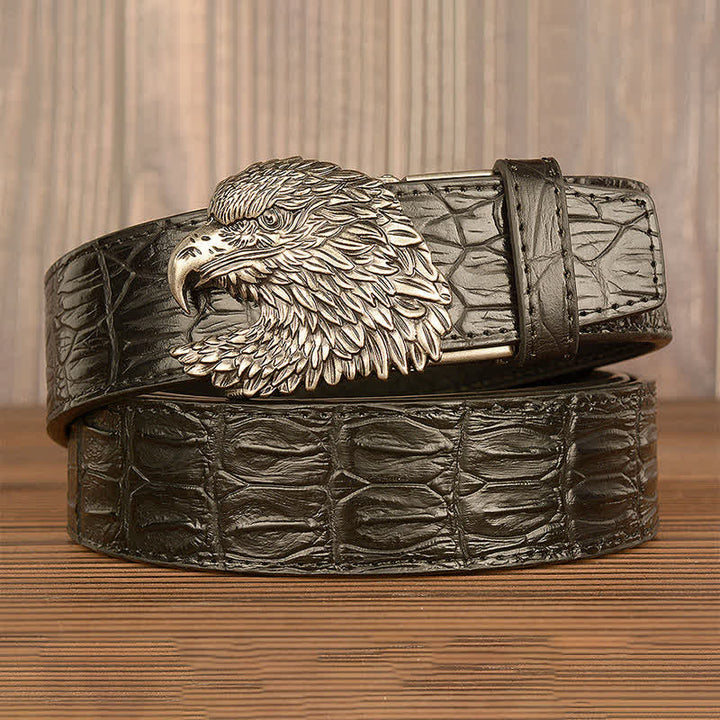 Cinturón de piel con relieve de cocodrilo y cabeza de águila para hombre