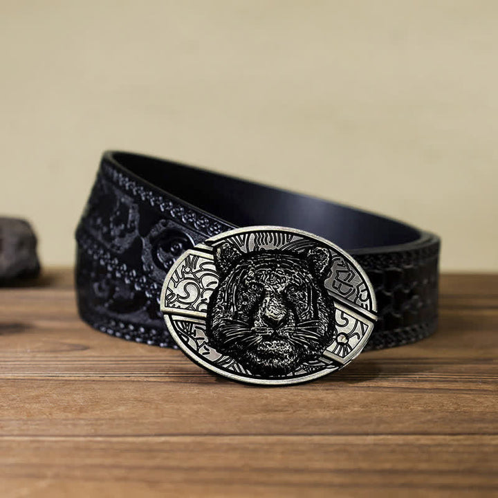 Cinturón de cuero con cuchillo plegable oculto con cabeza de leopardo para hombre