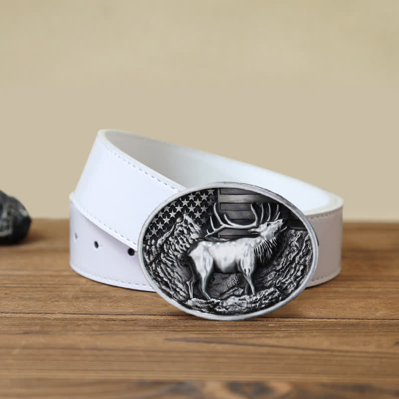 Cinturón de cuero con hebilla de bandera estadounidense con diseño de alce y ciervo para hombre