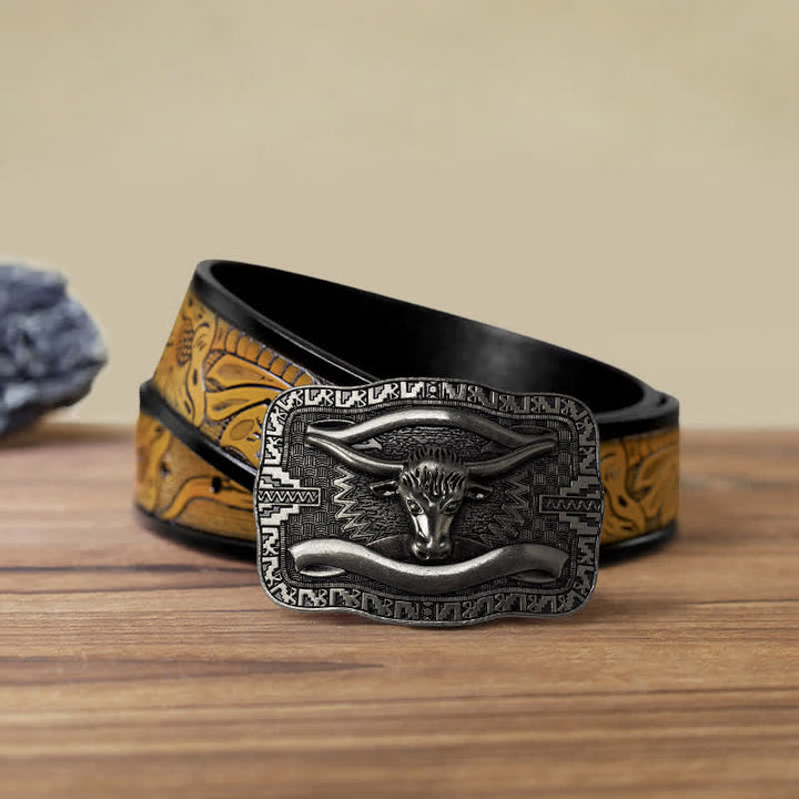Cinturón de cuero con hebilla cuadrada de toro Longhorn para hombre, hecho a mano, en plata
