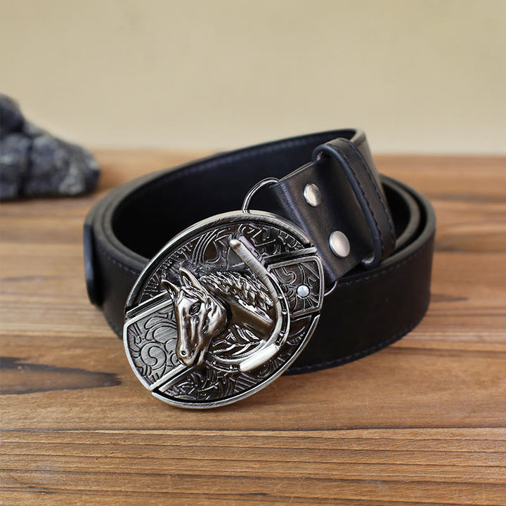 Cinturón de cuero con cuchillo plegable oculto con cabeza de caballo para hombre