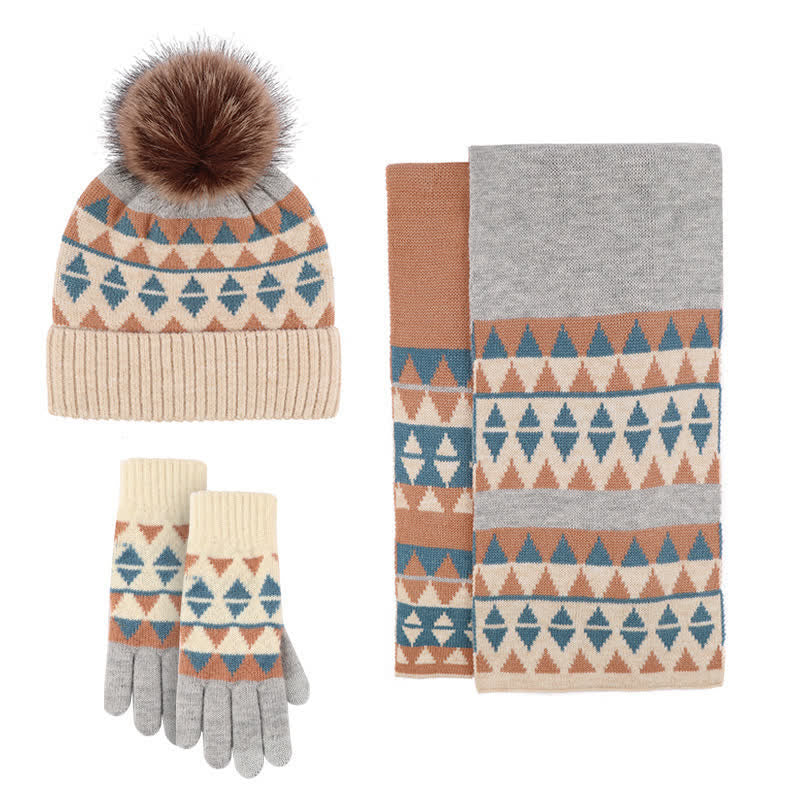 Conjunto de 3 guantes y gorro con estampado de triángulos para mujer