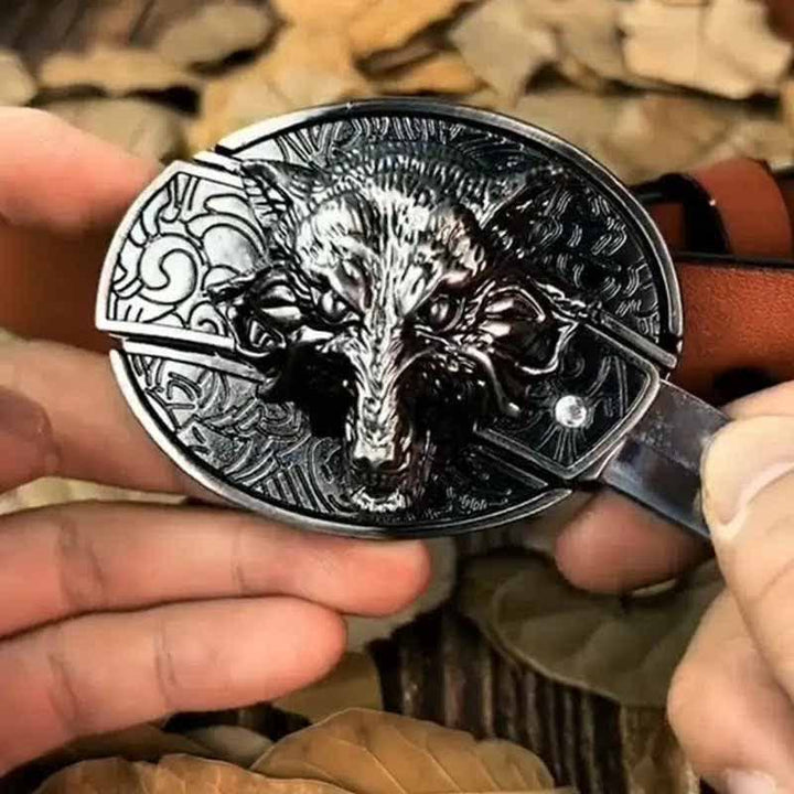 Cinturón de cuero de lobo feroz para hombre con navaja plegable