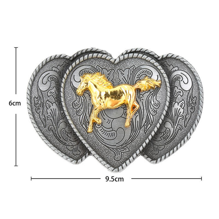 Cinturón de cuero con hebilla triple en forma de corazón y diseño de caballo para hombre