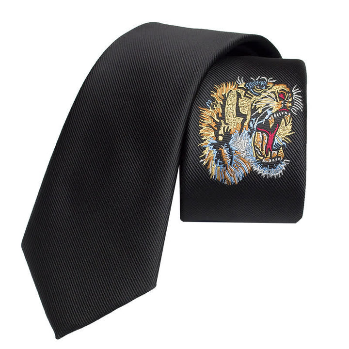 Corbata de hombre con tigre bordado en negro