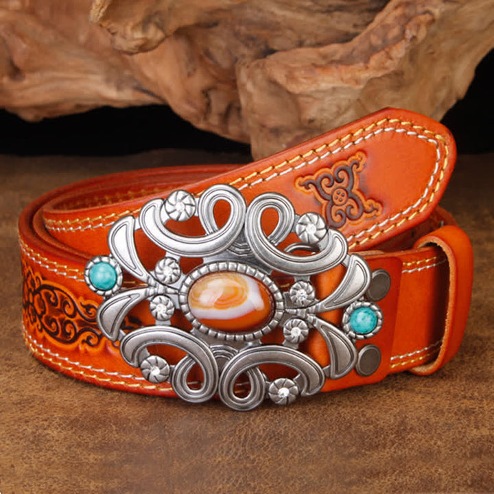Cinturón unisex de cuero con flor hueca de color turquesa y piedra de ágata