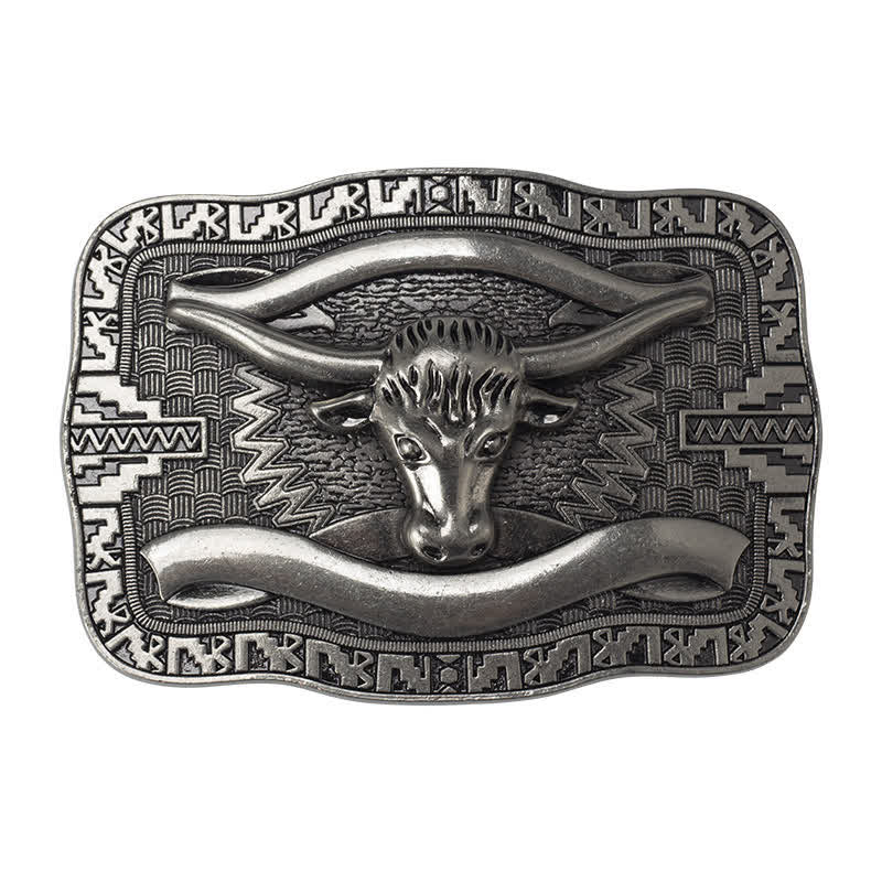 Cinturón de cuero con hebilla cuadrada de toro Longhorn para hombre, hecho a mano, en plata