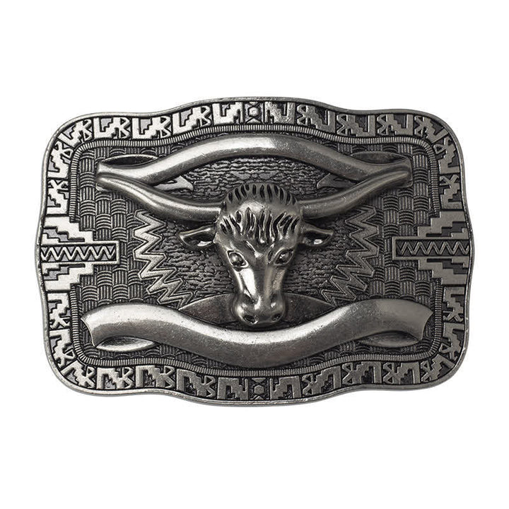Cinturón de cuero con hebilla cuadrada de toro Longhorn para hombre, hecho a mano, en plata