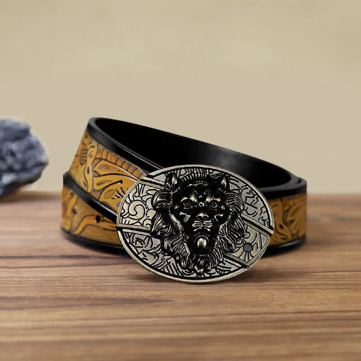 Cinturón de cuero con cuchillo plegable oculto con insignia de león para hombre