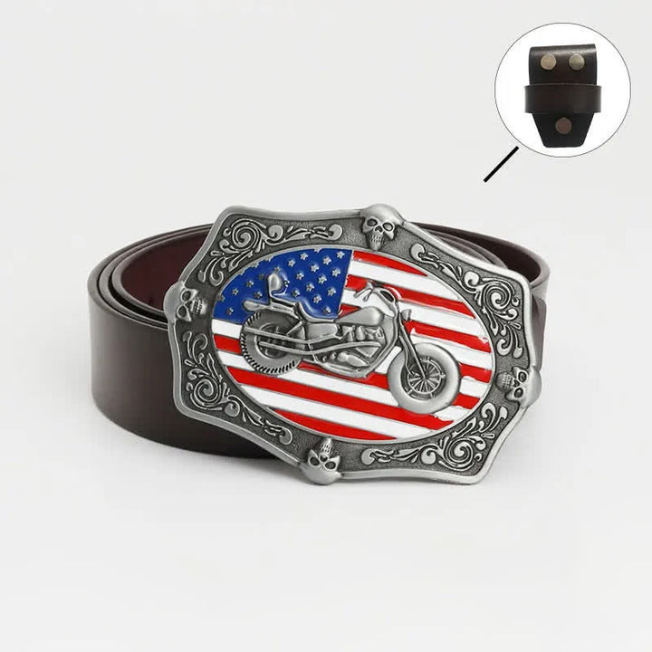Cinturón de cuero con calavera y bandera estadounidense para hombre con diseño de motocicleta