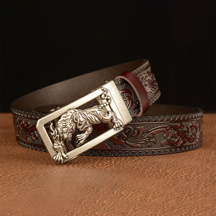 Cinturón de cuero con estampado floral y hebilla de tigre para hombre