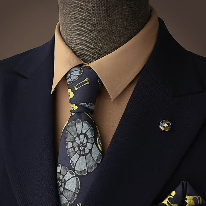 Corbata de hombre con estampado floral de caracol en azul marino y amarillo