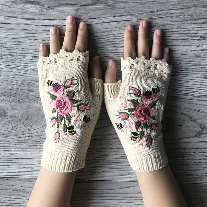 Guantes de punto de medio dedo con bordado de flores para mujer