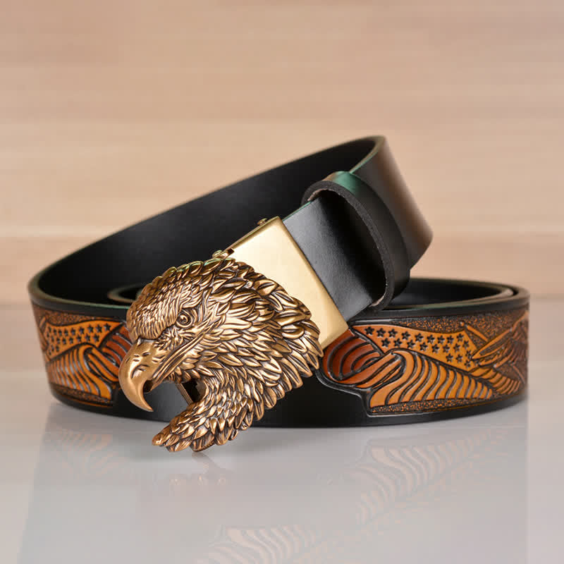 Cinturón de cuero con hebilla automática y cabeza de águila intrincada para hombre