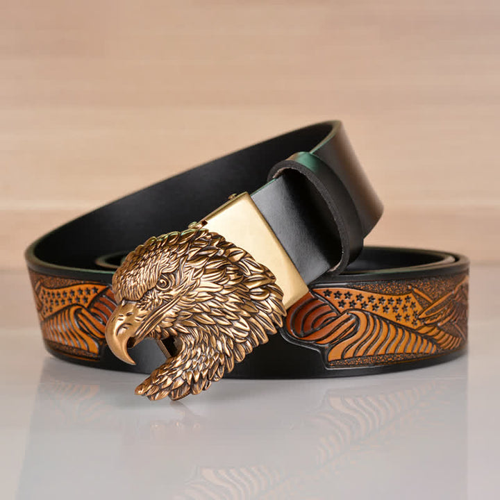 Cinturón de cuero con hebilla automática y cabeza de águila intrincada para hombre