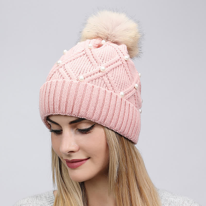 Gorro de punto elástico con pompones y perlas para mujer