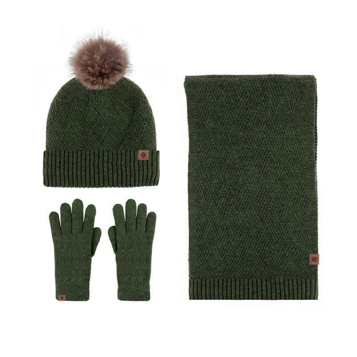 Conjunto de 3 guantes con pantalla táctil y bufanda con pompón tejido para mujer