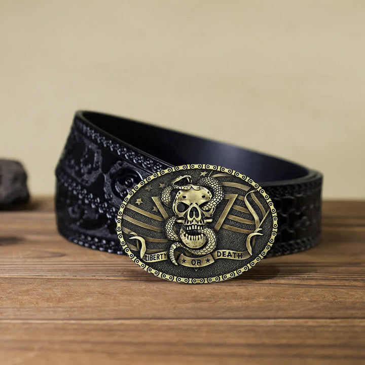 Cinturón de cuero con hebilla de calavera de serpiente "Libertad o muerte" para hombre, hecho a mano
