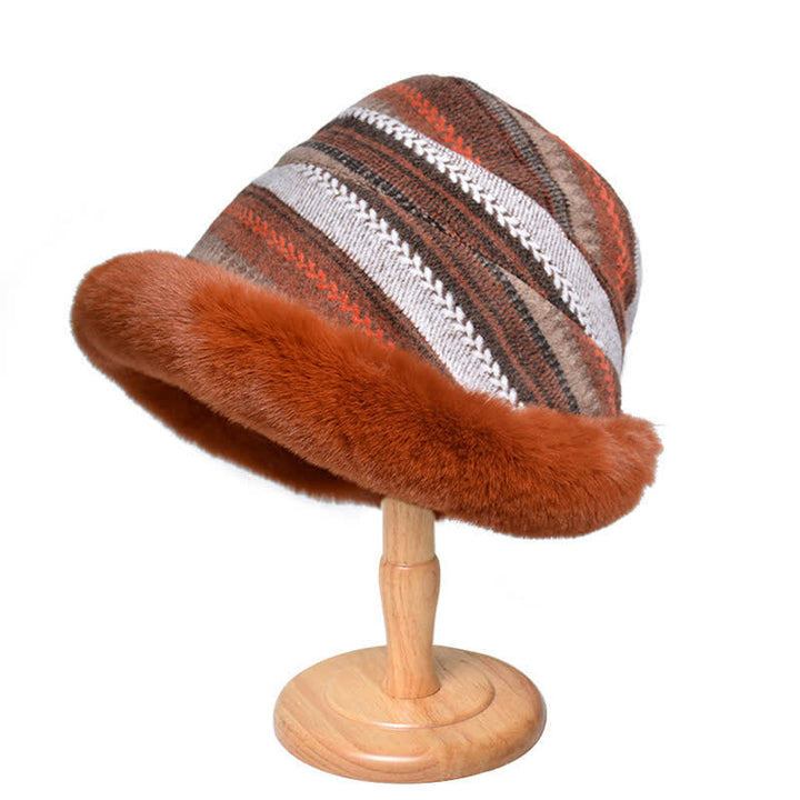 Sombrero de pescador con ala de felpa cálida y rayas para mujer