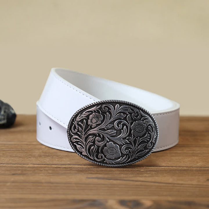 Cinturón de cuero con hebilla ovalada y diseño floral clásico para hombre hecho a mano