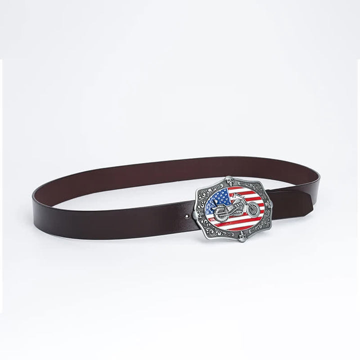 Cinturón de cuero con calavera y bandera estadounidense para hombre con diseño de motocicleta
