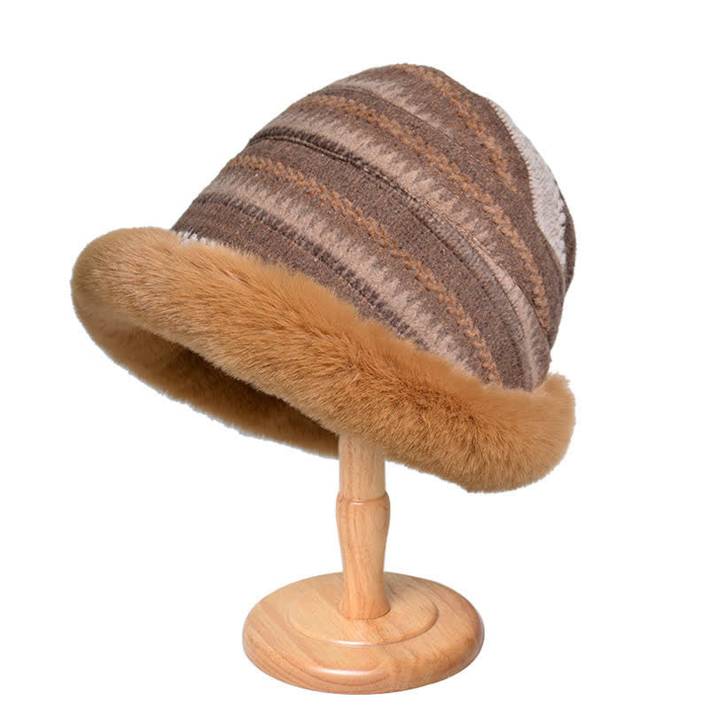 Sombrero de pescador con ala de felpa cálida y rayas para mujer