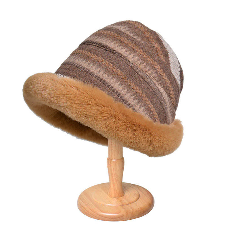 Sombrero de pescador con ala de felpa cálida y rayas para mujer