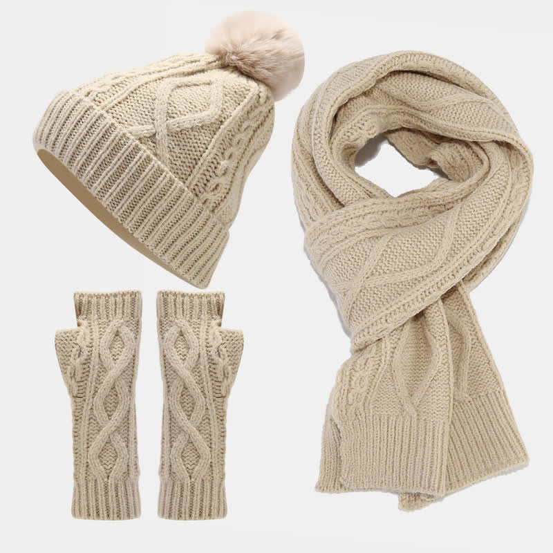 Conjunto de 3 piezas de gorro, bufanda y manoplas sin dedos de punto con cable para mujer