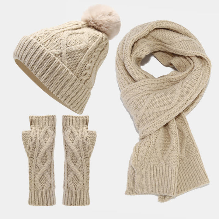 Conjunto de 3 piezas de gorro, bufanda y manoplas sin dedos de punto con cable para mujer