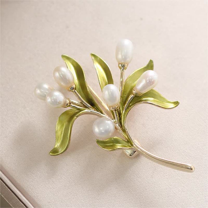 Broche de rama de olivo con perla natural para mujer