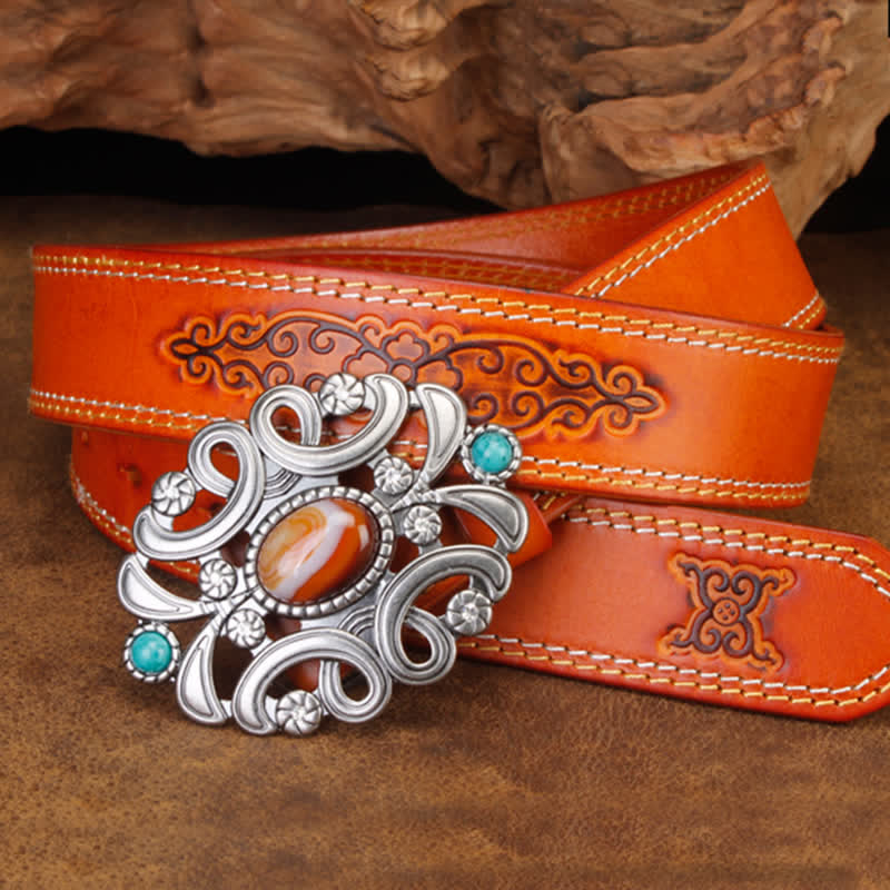 Cinturón unisex de cuero con flor hueca de color turquesa y piedra de ágata