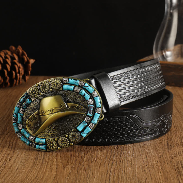 Cinturón de cuero con decoración turquesa y sombrero de vaquero dorado para hombre