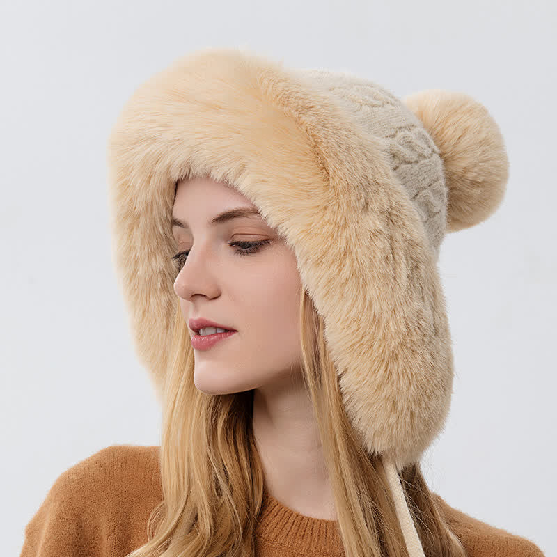 Gorro de punto grueso y cálido con tres pompones para mujer - Beige - Ajustable (21 5/8"-23 5/8") - image 9