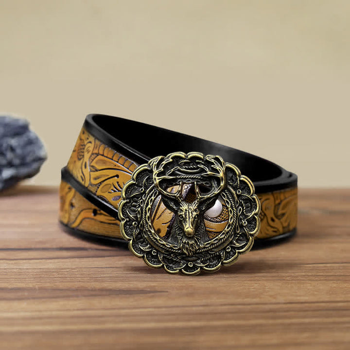 Cinturón de cuero con hebilla de cuerno de alce 3D hueco para hombre hecho a mano