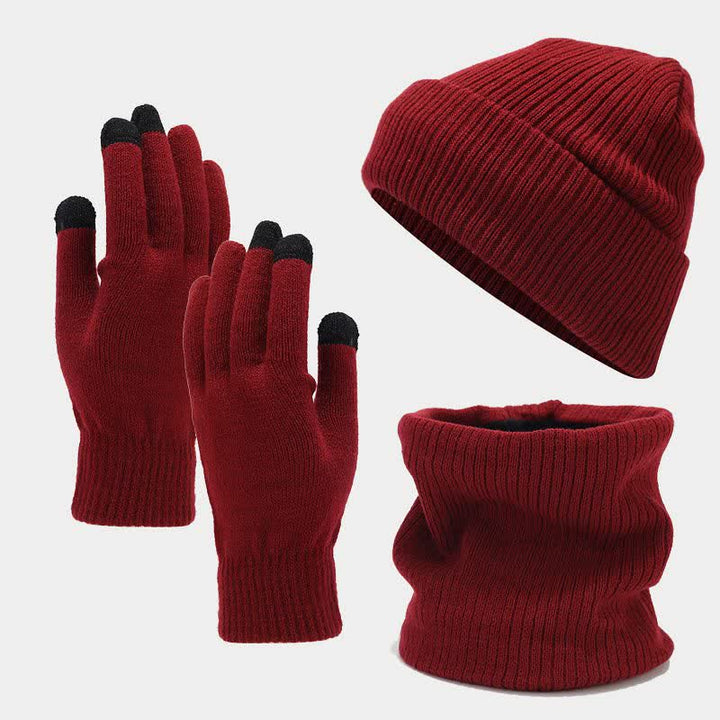 Conjunto de 3 guantes y bufanda unisex de sarga de color sólido