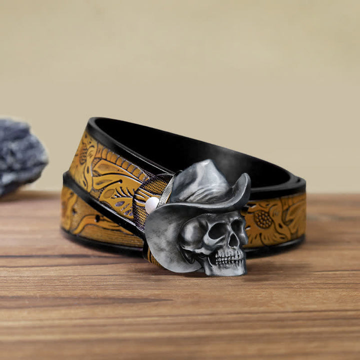 Cinturón de cuero con hebilla de sombrero y cabeza de calavera para hombre, hecho a mano