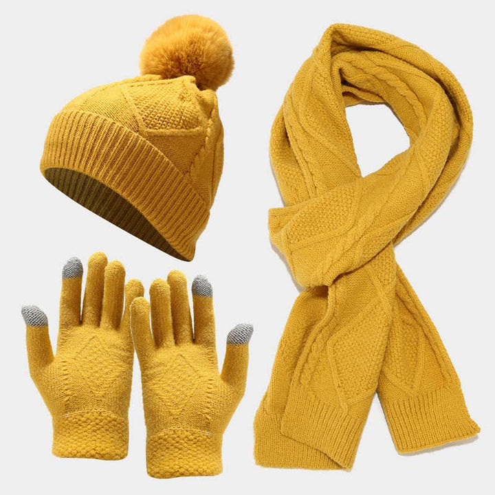 Conjunto de 3 gorros, bufandas y guantes con pompones de diamantes para mujer