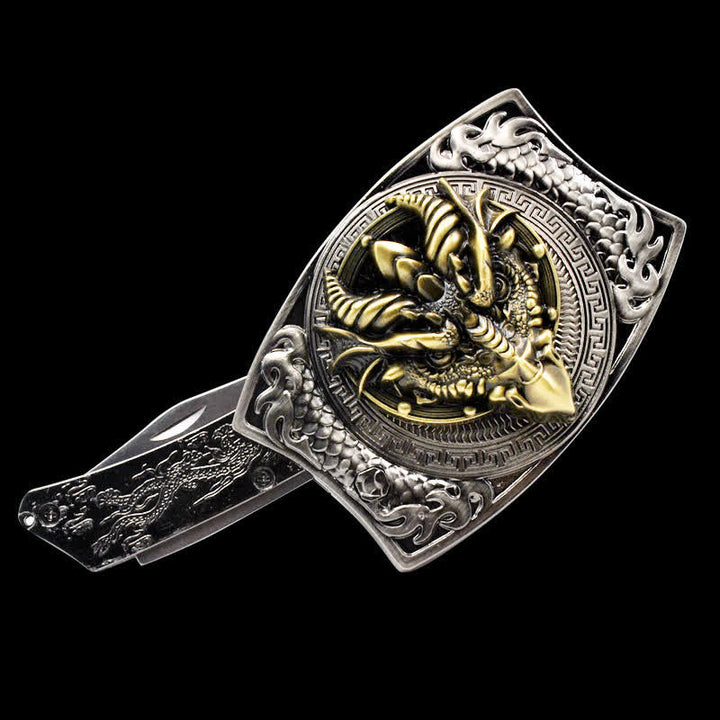 Cinturón de cuero con cuchillo plegable oculto de dragón de pico afilado para hombre