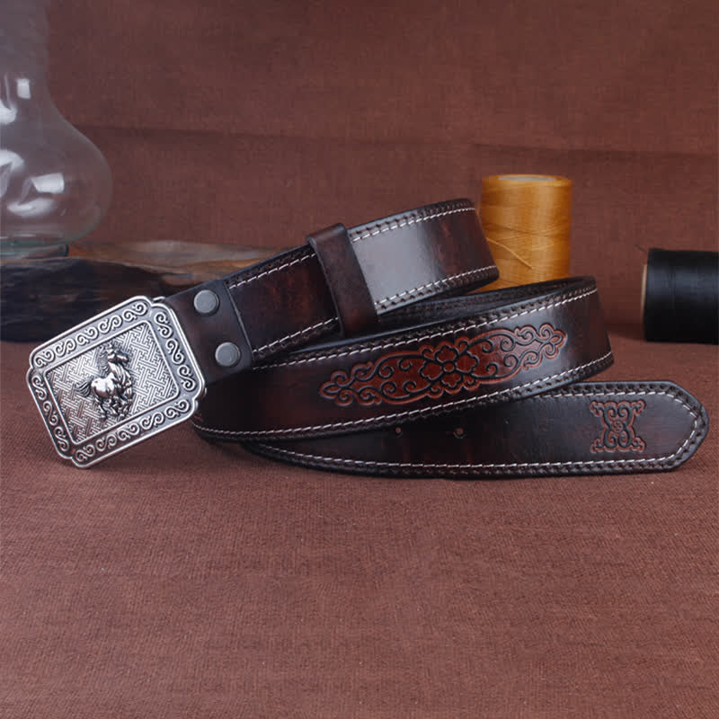 Cinturón de cuero de caballo plateado estilo vaquero étnico para hombre