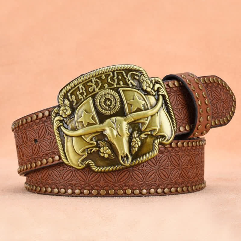 Cinturón de cuero con remaches de novillo Longhorn antiguo para hombre