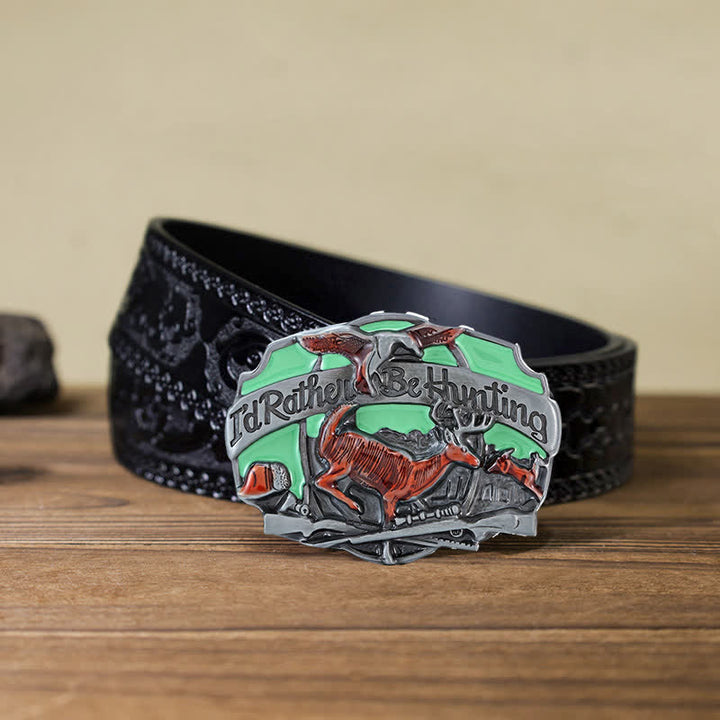Cinturón de cuero con hebilla para hombre, hecho a mano, con diseño de ciervos en la naturaleza